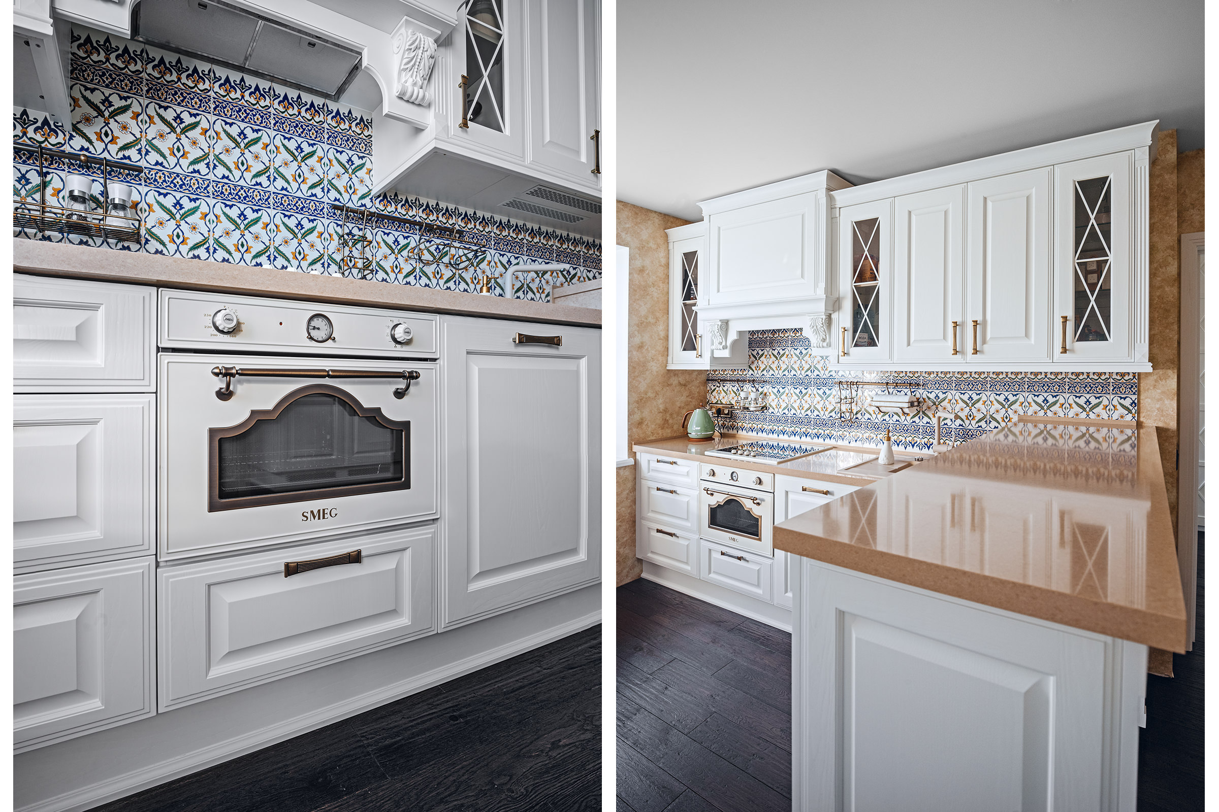 Фотосъёмка кухонной мебели белого цвета с бежевой столешницей и встроенной бытовой техники SMEG в квартире владельца для каталога производителя