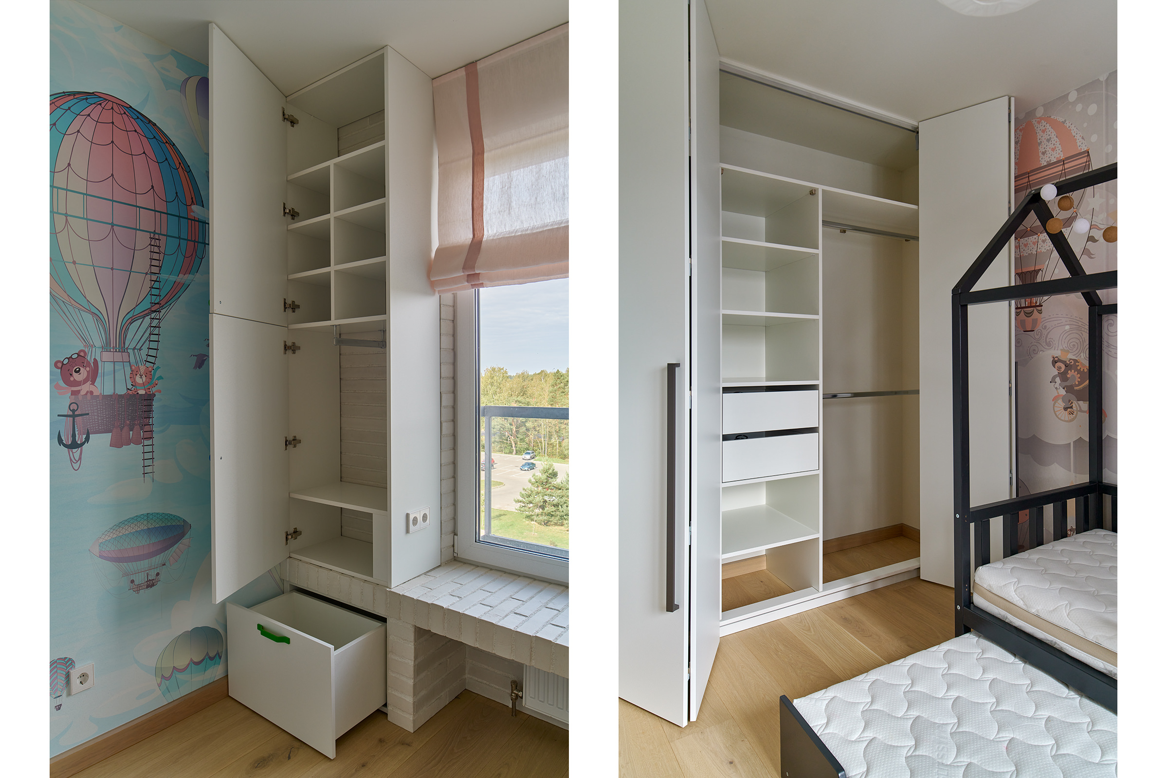 Фото шкафа с потайными выдвижными ящиками и развижной двухярусной кроватью в интерьере детской комнаты