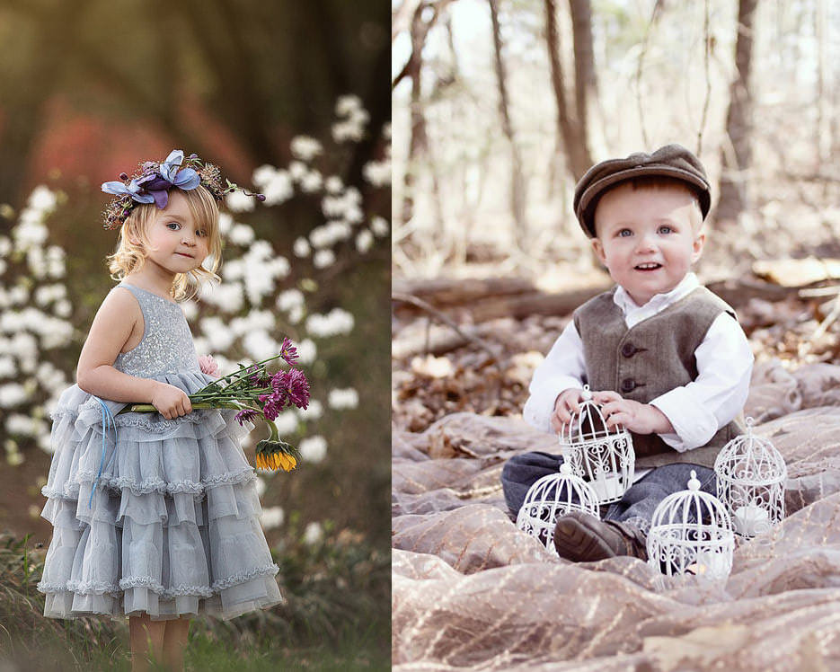 Портретная фотосъёмка ребенка на улице, фото девочки с цветами в образе феи и портрет мальчика в кепке с фонариками