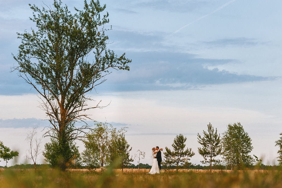 Лучшие кадры со свадебной фотосессии получаются на закатном солнце - жених и невеста стоят в поле под большим деревом на фоне неба