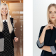 Фотосессия в деловом костюме для девушки в офисе с мобильным компьютером Apple в руке, женский бизнес портрет в фотостудии на белом фоне для сайта компании