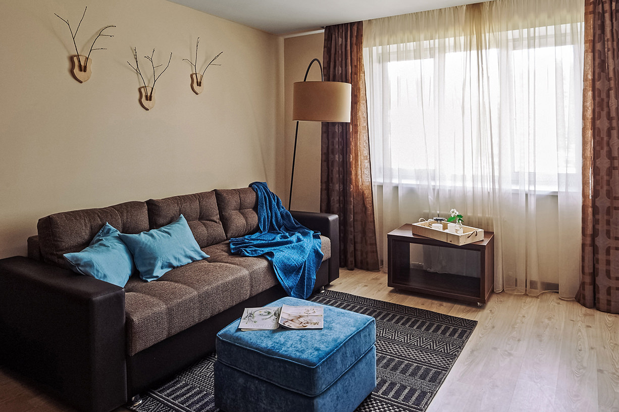 Интерьерная съёмка гостиничного номера отеля и санатория «Ислочь Парк», фото коричневого диванас декором, торшером и синим пуфиком на ковре