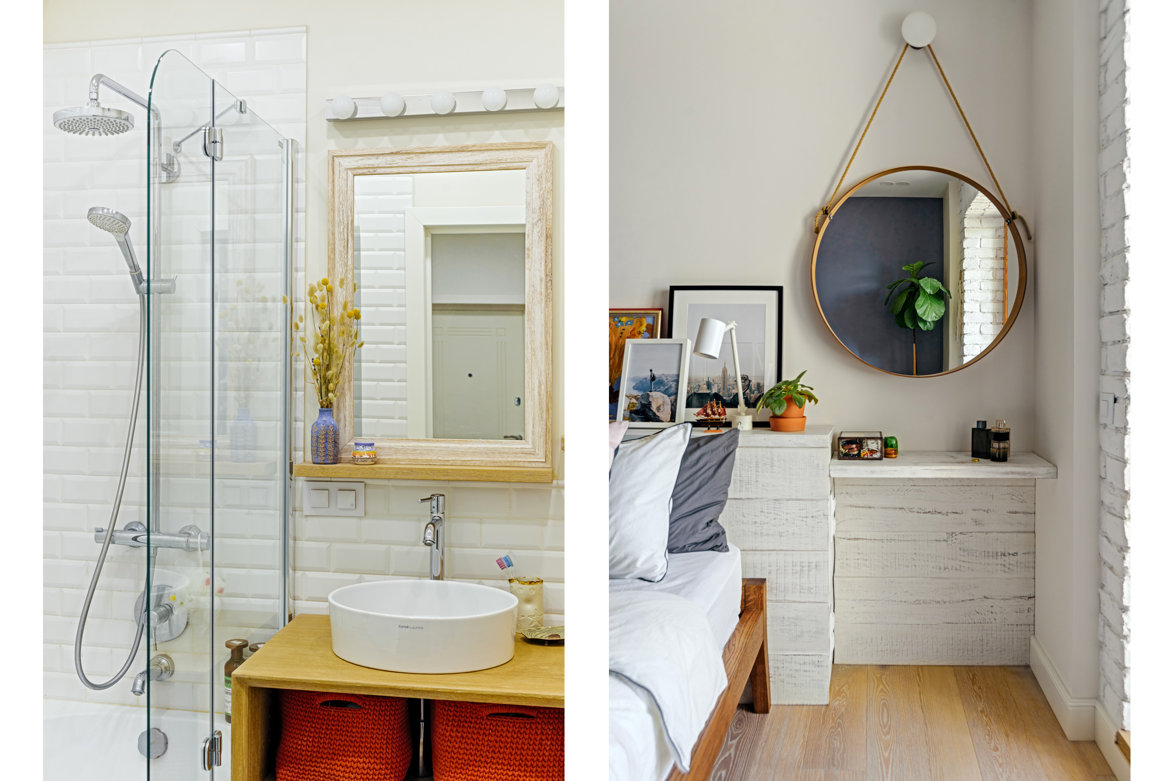 Детали интерьера современной ванной комнаты и спальни, фотосъёмка квартиры для объявления аренды на порталах недвижимости